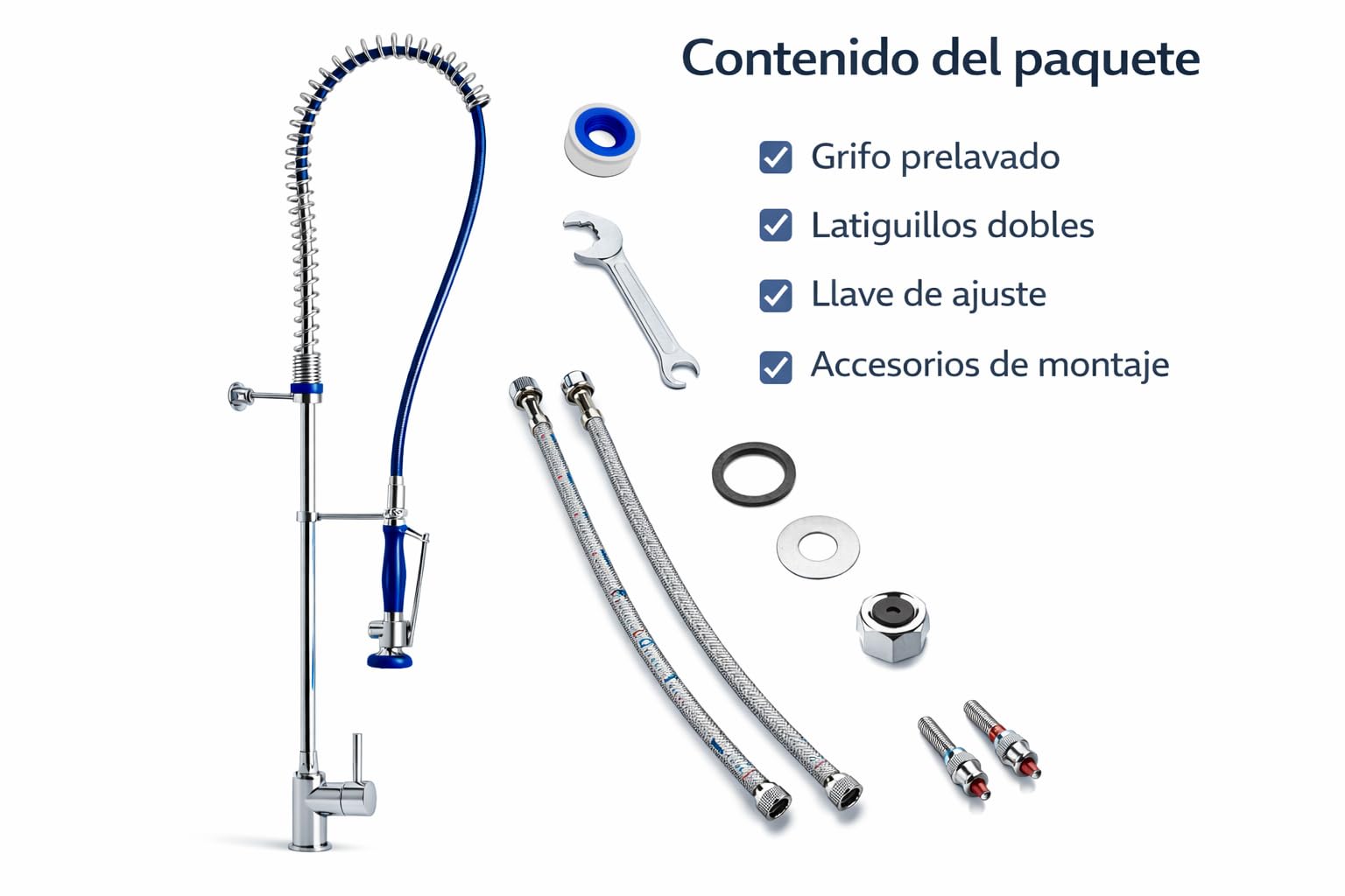 Genebre - Grifo Columna Prelavado Profesional 1705 04 | Grifo Industrial Monomando con Ducha Extraíble | Cocina Profesional y Hostelería | Columna Alta con Muelle AISI 304 y Cartucho Cerámico D40