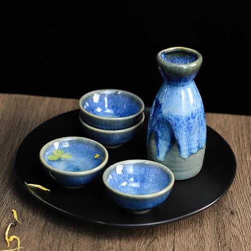 Miniatura 3 de Sizikato Juego de 5 piezas de sake de cerámica para cambiar el horno incluye 1 botella de sake y 4 tazas de sake