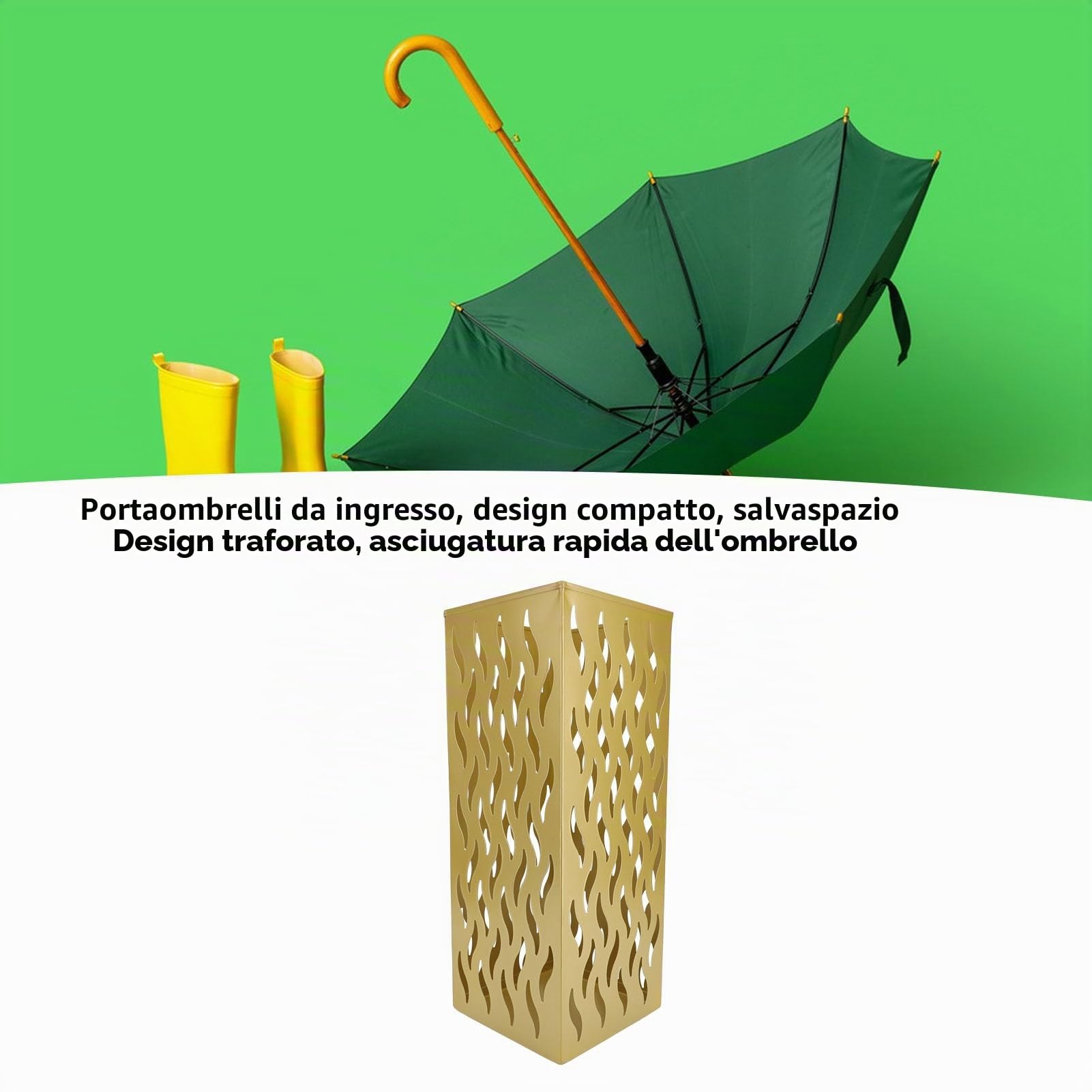 Portaombrelli, Portaombrelli in Metallo con Design Cavo per Asciugatura Rapida, Verniciatura a Polvere Antiruggine, Dimensioni Compatte 42x16x16 Cm, per Ingresso Ufficio (Oro)
