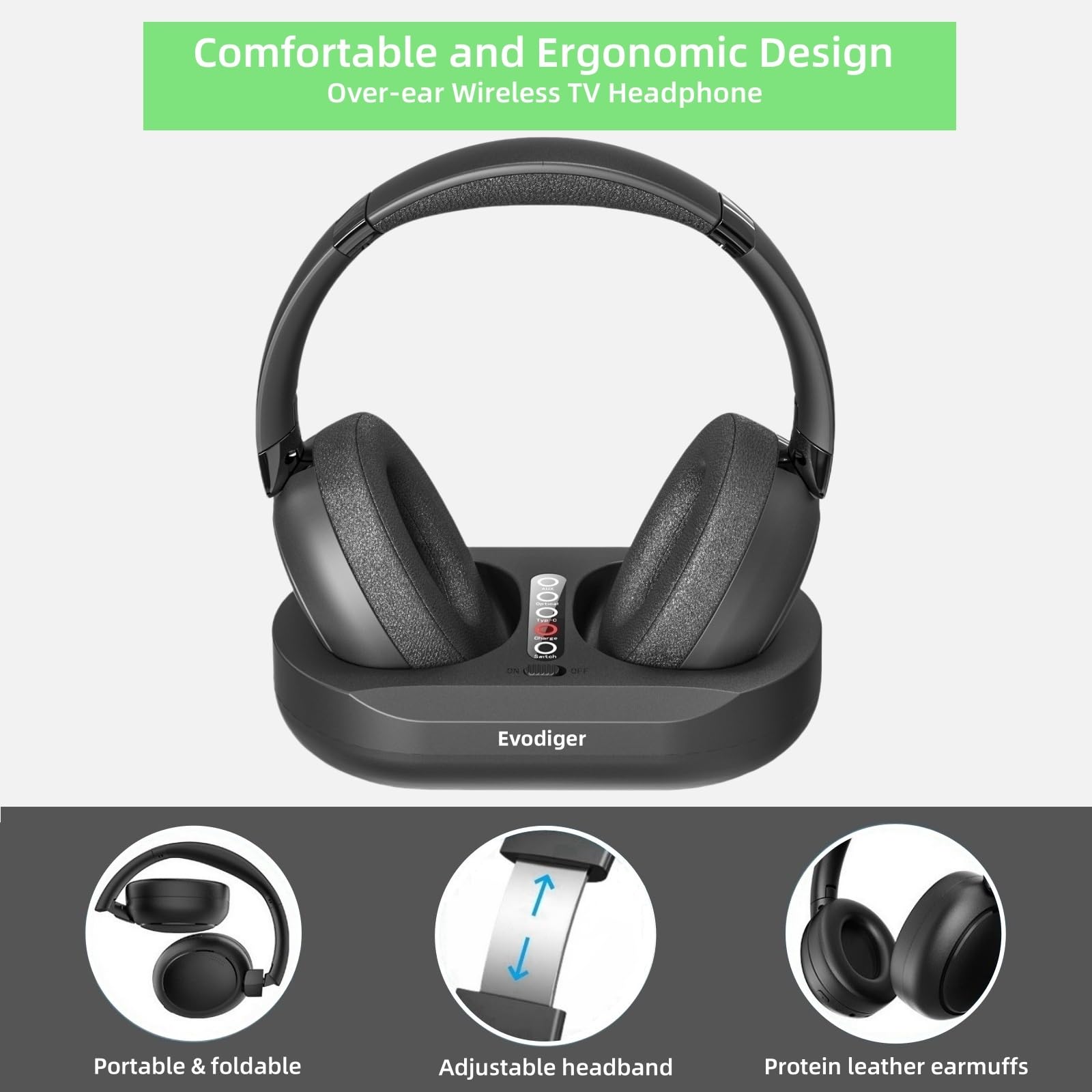 Casque TV sans Fil pour Seniors, avec Station de Charge Et éMetteur, Confortable, Longue DuréE de Vie de la Batterie, RéGlage Facile Du Volume, IdéAl pour Les Personnes âGéEs Qui Regardent la TV