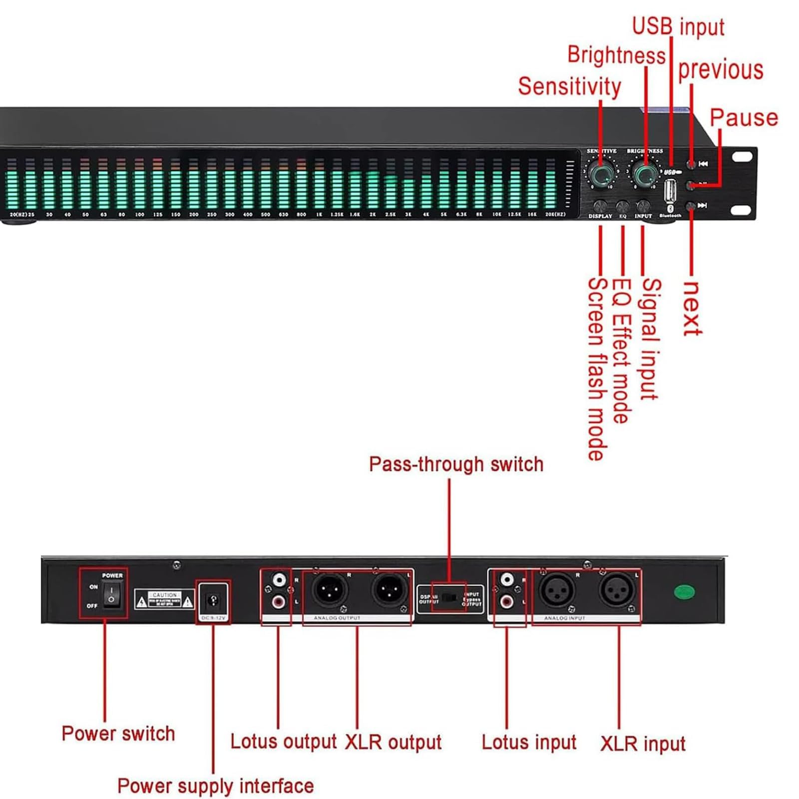 Equalizzatore Digitale a 31 Bande con 21 Effetti e Display LED | Equalizzatore Audio Grafico Stereo con Regolazione di Bassi, Medi e Alti, Riduzione Automatica del Rumore, per Studio