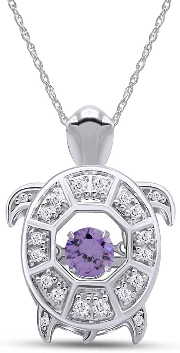 Dancing Stone Turtle Pendant Necklace for Women, Floating Round Simulated Birthstone & White Cubic Zirconia in 14k Rose Gold Over Sterling Silver with 18" Rope Chain - Ocean Inspired Jewelry Gift