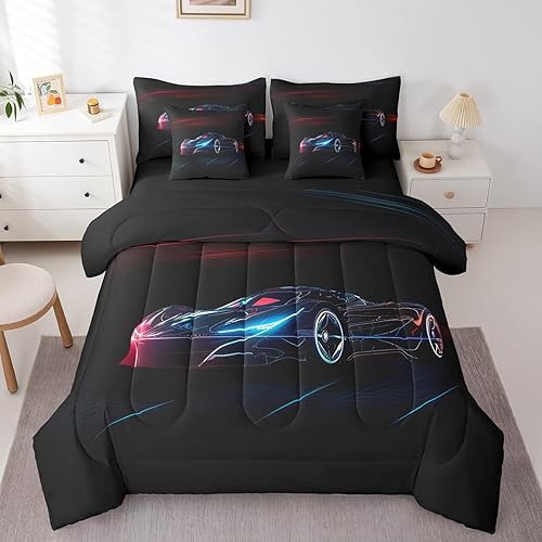 Feelyou Red Blue Race Car 7 Piece Bedding Set Queen Size for Kids Boys Extreme S