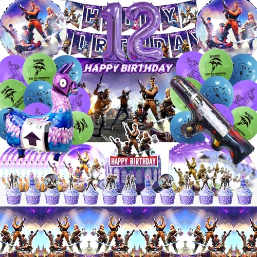 82 Pezzi Decorazioni Fortnit per Compleanno 12 Anni - Set con Palloncini, Decorazioni Torta, Tovaglia e Stoviglie per Ragazzo