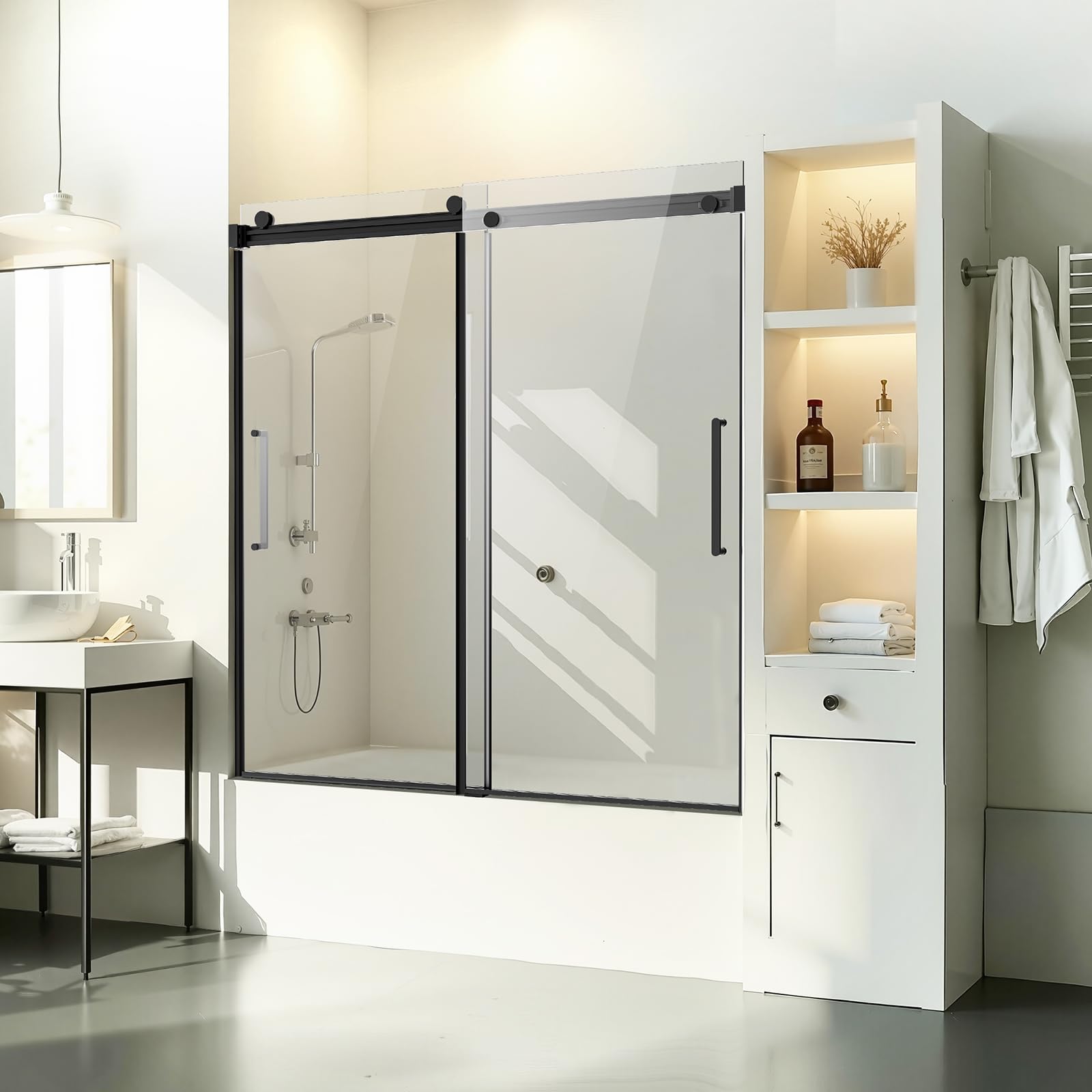 VEVOR Porte de Baignoire-douche sans Cadre 1422-1524x1524 mm, Pare-baignoire Coulissante Double, avec Verre Trempé Transparent de 8 mm et Poignée en Acier Inoxydable, pour Salle de bain, Noir