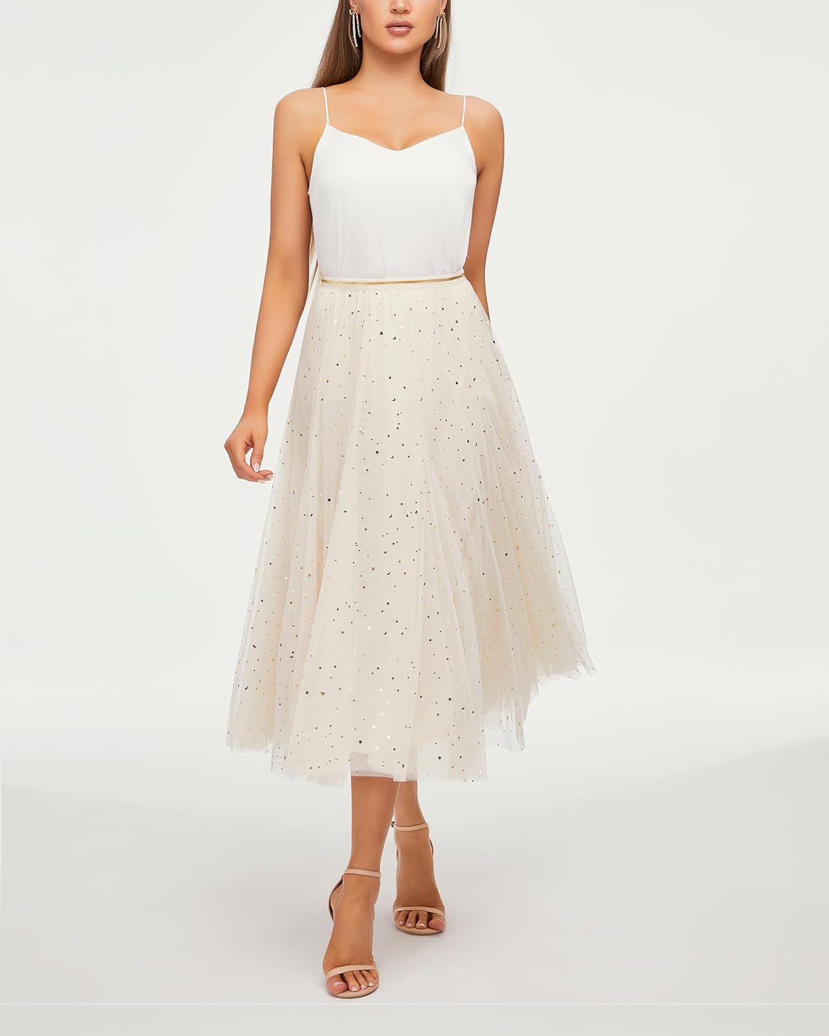 Women’s Pleated A-Line Celestial Fairytale Style Midi Tulle Skirt with Embellished Moon Stars
