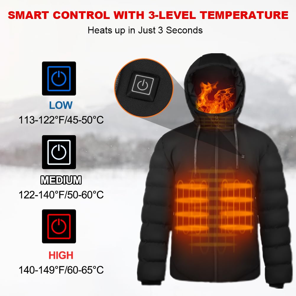 Giubbotto Riscaldato Uomo Donna con Batteria 10000mAh, Giacca Riscaldata con Cappuccio Invernale Calda con 3 Livelli di Riscaldamento, USB Cappotti Impermeabile per Moto, Pesca, Attività all'aperto