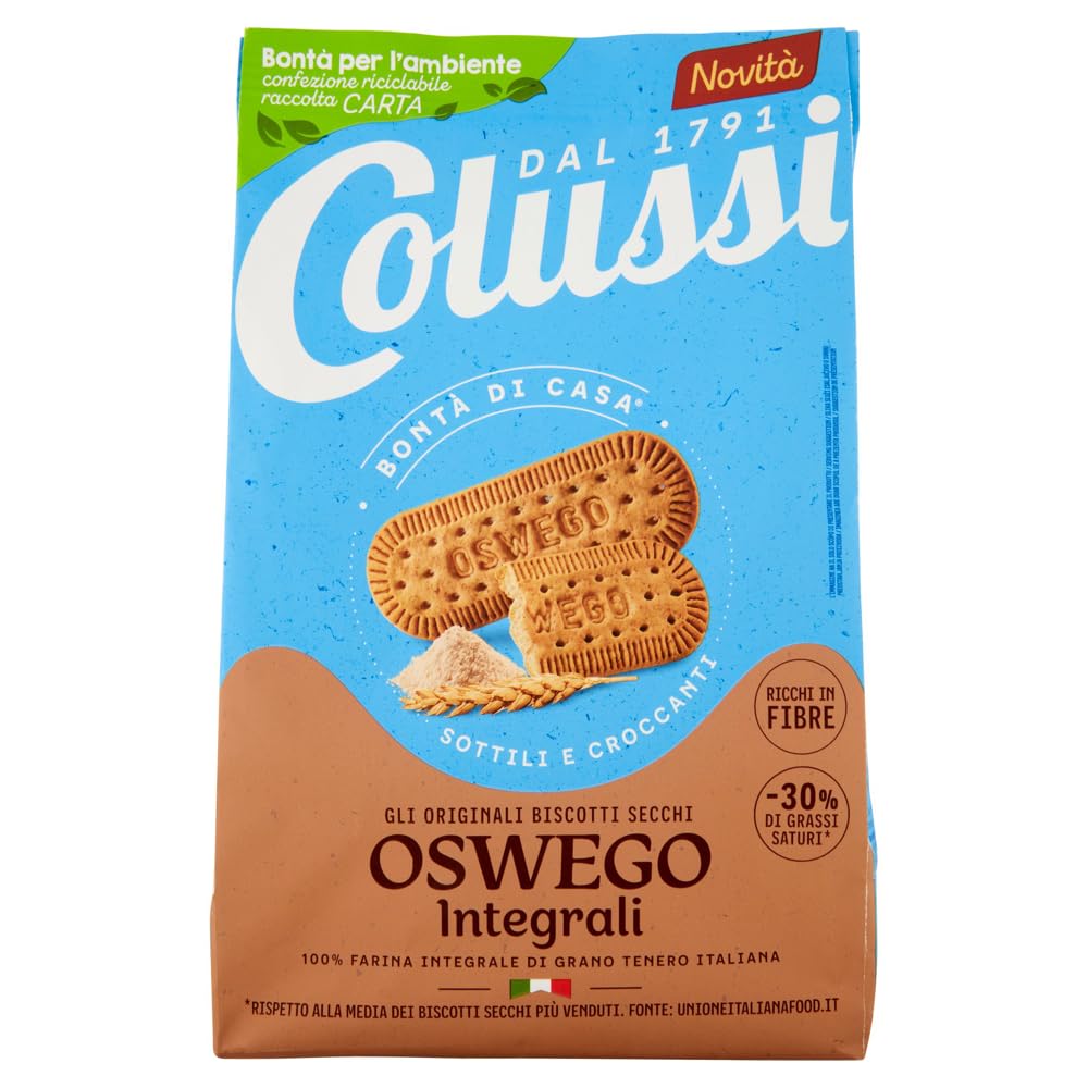 Colussi Biscotti Oswego Integrali Lot de 6 biscuits complets avec sucre brun et farine de céréales, sachet de 450 g + 1 sachet de thé glacé San Benedetto au citron sans sucre 330 ml