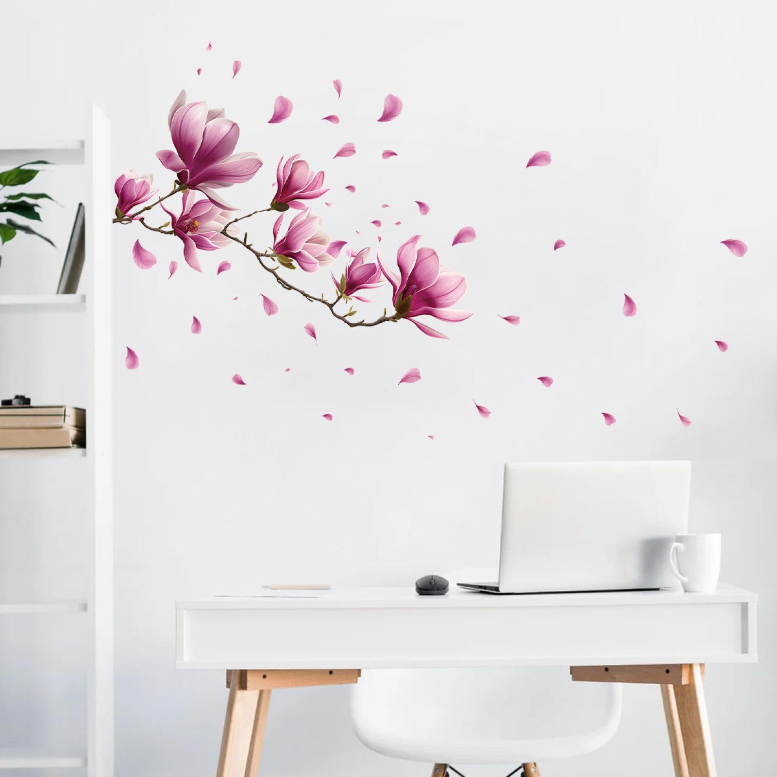 FUFUQUARE Pink Magnolia Flowers Wall Sticker Chinese Ink Floral Wall Art Decals Vinyl Removable Peel and Stick for Bedroom Living Room Sofa TV Background Decorations - Image 2