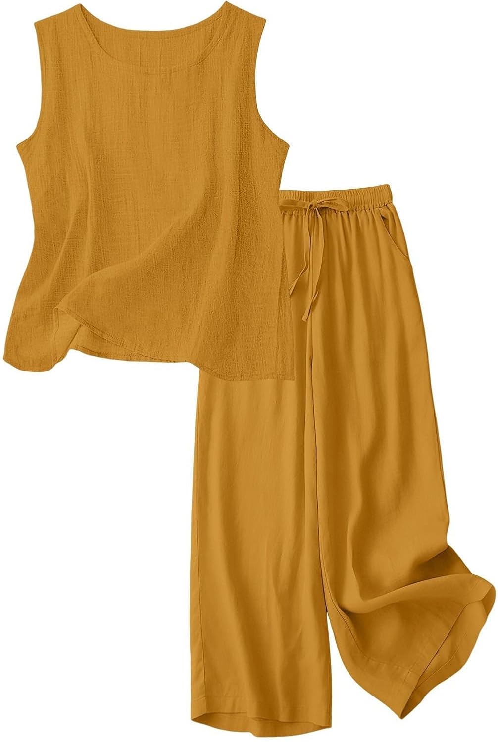 Womens Business Solid Color Two Piece Sets Round Neck Sleeveless Tank Tops Straight Leg Trousers with Pockets