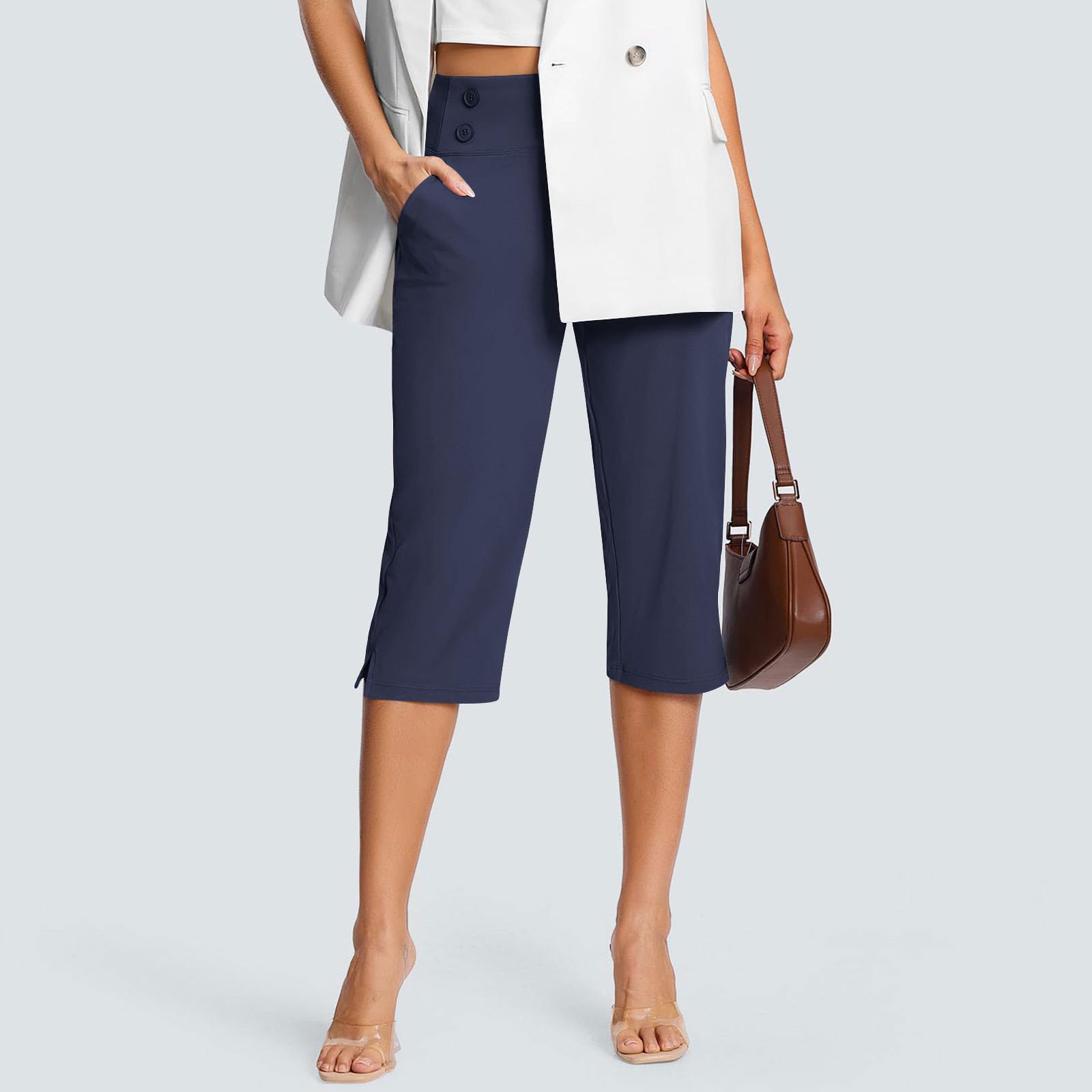 Pantalones Mujer Verano,Cintura Alta Pierna Rectos Capri Pantalones de Trabajo Frescos Ligeros Transpirable Pantalón de Chándal Sueltos Pantalon de Vestir Elasticidad Cómodo Yoga Fitness Pants