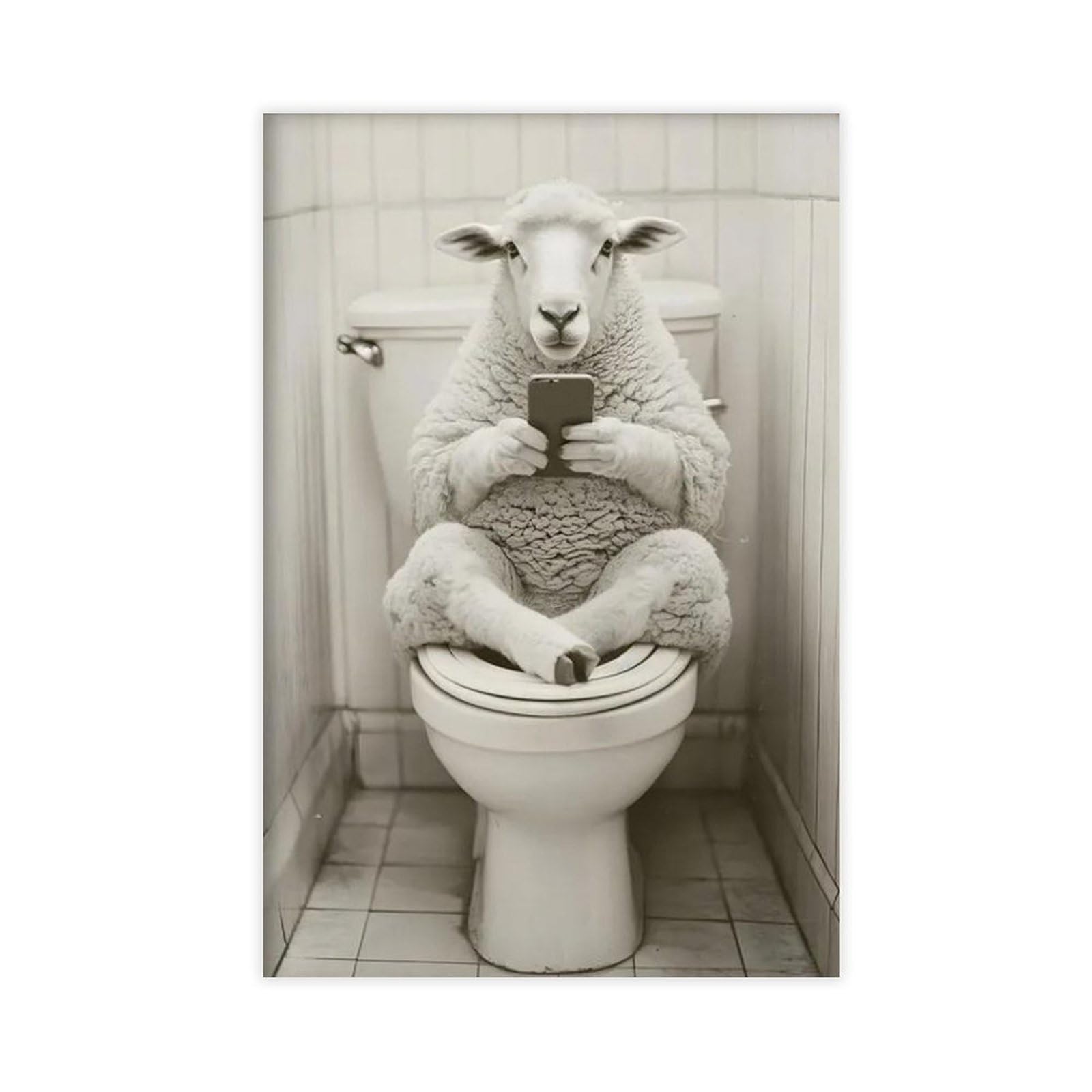 BNCEDJK Sheep Sitting on The Toilet Watching Phone Canvas Poster Wall Art Print Picture Paintings 12x18inch(30x45cm)