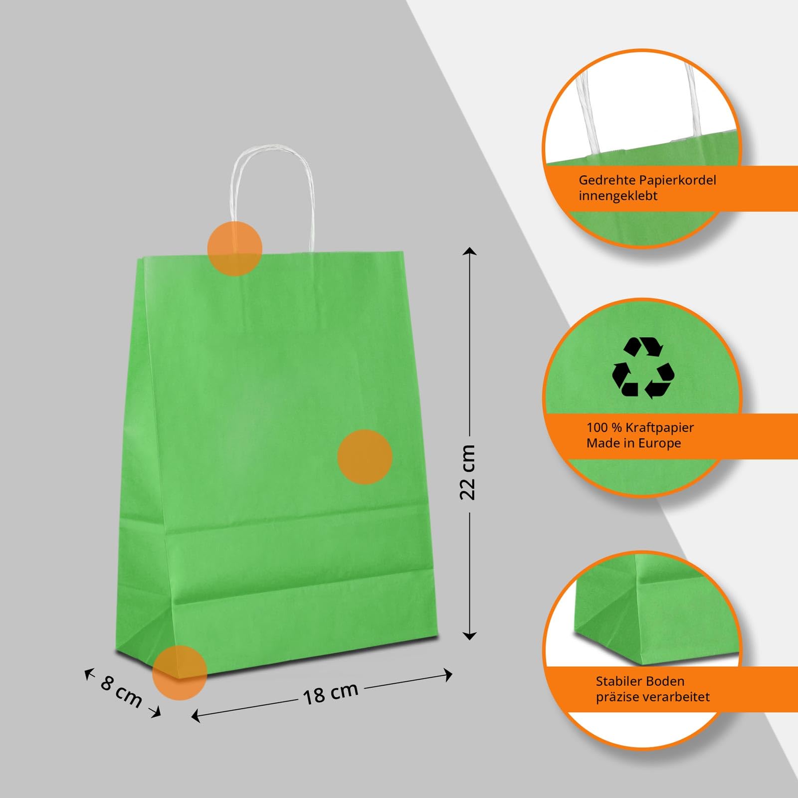 Papiertüten grün mit Kordel-Henkel I 600 Stk. 18+08x22cm I Papiertragetasche für Einzelhandel, Weihnachten, Mitbringsel, TO-GO I Geschenktüten aus Kraftpapier I HUTNER