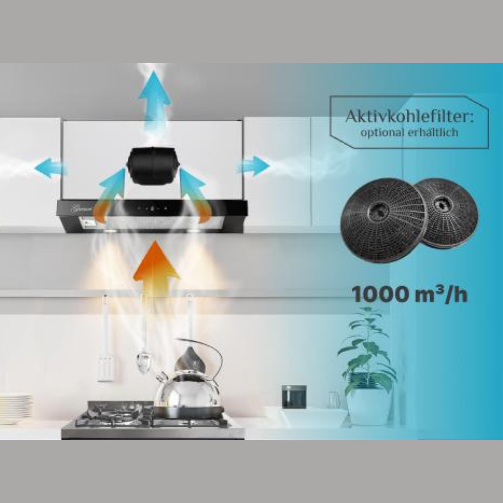 GURARI Flachschirmhaube CH 3003C • Einbau Dunstabzugshaube 60 cm • Schwarz Glas • 1000m³/h Motor • TouchControl • LED • Metallfettfilter • 3 Leistungsstufen • Abluft/Umluft