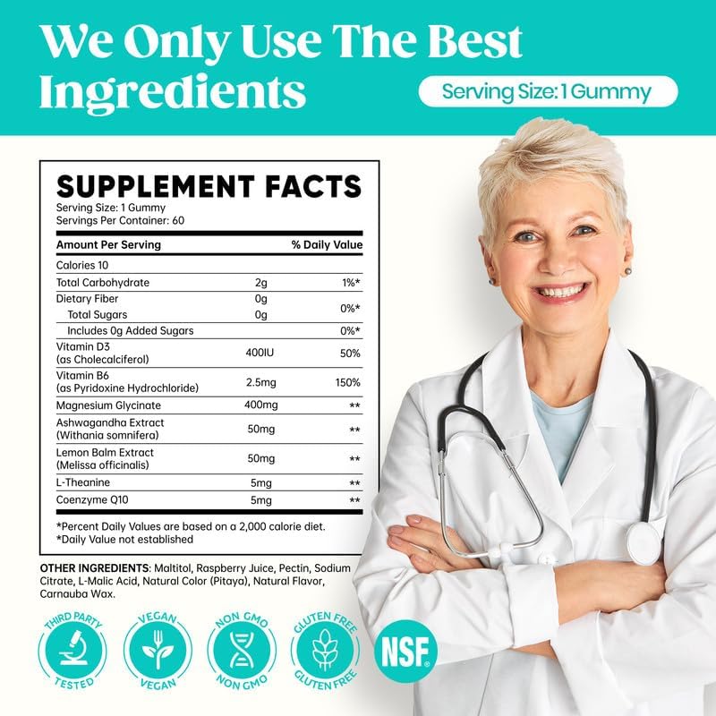 Miniatura 9 de 60 Day Supply - Gomitas de glicinato de magnesio de 400 mg con Ashwagandha, L-teanina, CoQ10, vitamina D3 y B6, gomitas de magnesio sin azúcar para