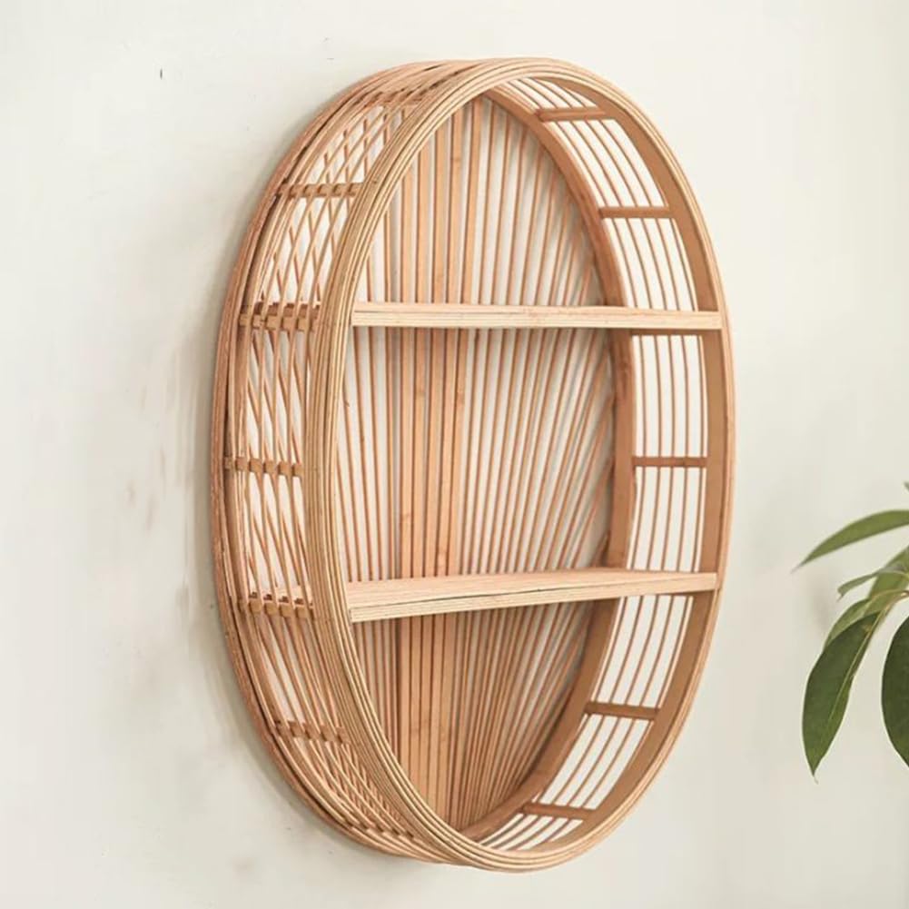 Rattan Wall Shelf, Rattan Oval 2-Tier Wall Mounted Shelves, Oval Wood Floating Shelf Decoration, Multifunctional Storage Shelf for Entryway, Bedroom, Living Room (B)