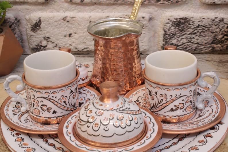 OHVVGN Turkish Coffee Set, Coffee Cups and Copper Coffee Pot, Unique Home Decor