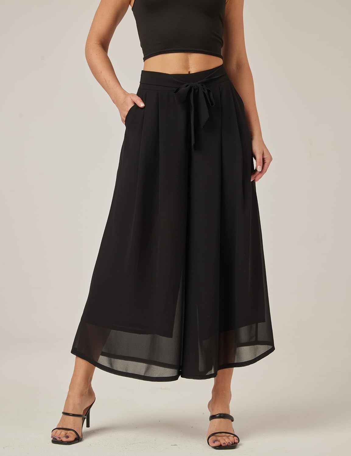 heipeiwa Women's Chiffon Wide Leg Palazzo Pants Summer Capris Crop Culotte Pants with Removable Belt Tie-Knot Beach Outfits - Image 6