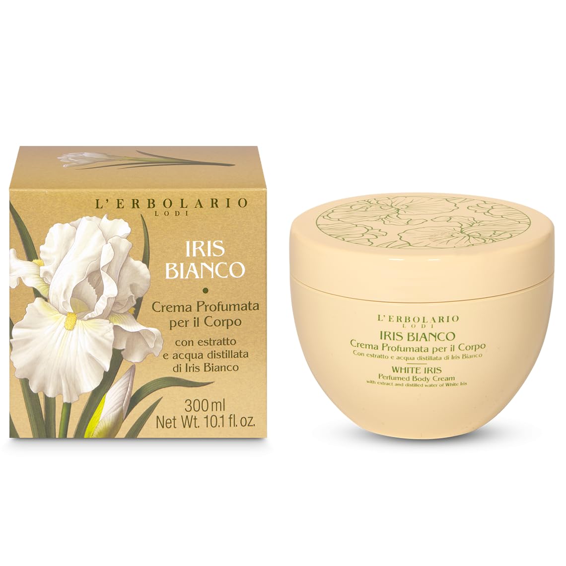 L'ERBOLARIO - IRIS BIANCO Completa - Confezione Regalo in Scatola Originale - 1 Bagnocrema da 300 ml, 1 Crema Corpo da 300 ml, 1 Profumo da 50 ml, 1 Sapone da 125 gr + in OMAGGIO Sacchetto di Raso