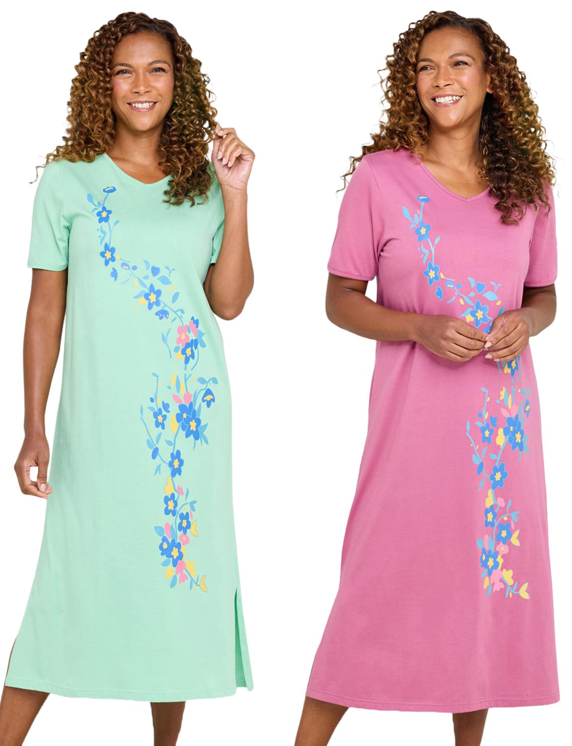 Amber Women's Rose/Soft Green Pack Of 2 Nightdresses For Short Sleeve Nighties Comfortable Sleepwear Cotton Nightdress 16-18