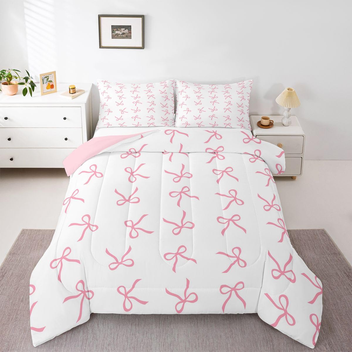 Erosebridal Princess Bow Tie Comforter Set Twin Size Cute Bows Bedding Set for Kids Boys Girls Kawaii Pink Ribbon Comforter Coquette Bowknot Quilt Bedroom Decor