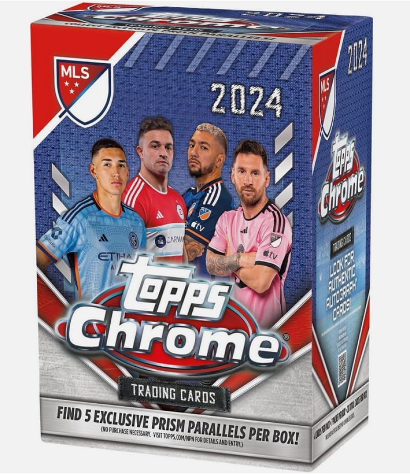 2024 Topps Chrome MLS Major League Soccer Factory Sealed Blaster Box. 7 Packs of 4 Cards. Find 5 Exclusive Prism Parallels per box.