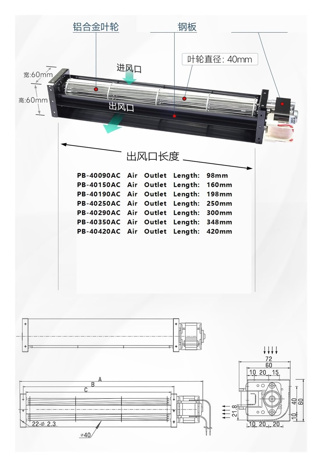 Querstromlüfter, Laufraddurchmesser 40 mm, Wechselstrom 220 V(PB40150AC220V/50Hz)