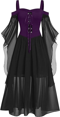 Womens Renaissance Cosplay Costume Medieval Irish Over Dress Halloween Dress Trumpet Sleeves Chemise Boho Set