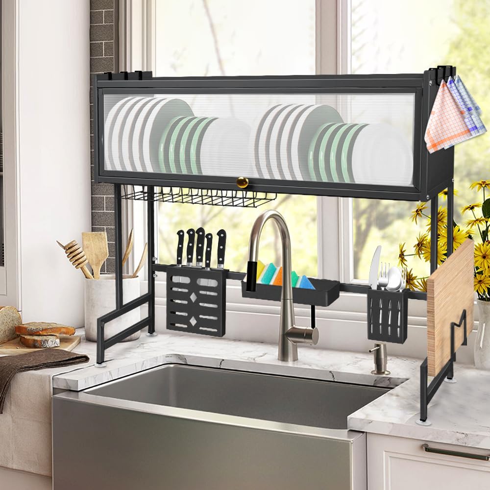 homewell - Escurridor para platos de cocina, escurreplatos con ganchos, soporte y utensilios para tabla de cortar, 75 cm de largo