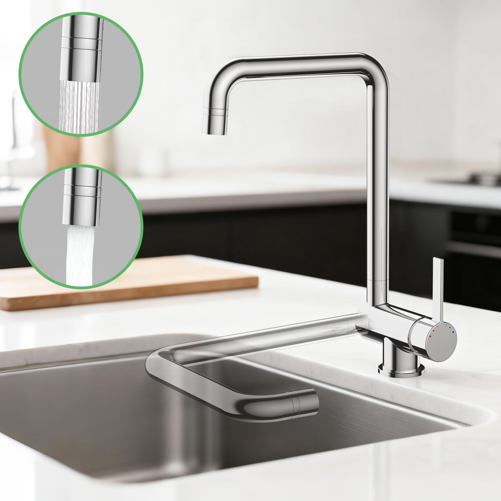 Wasserhahn Küche Klappbar 180°, Vorfenster Küchenarmaturen mit 2 Strahlarten, Wasserhahn umklappbar 360° schwenkbar Einhebelmischer Fensterarmatur (Chrom, Klappbar/Kein Niederdruckhahn)