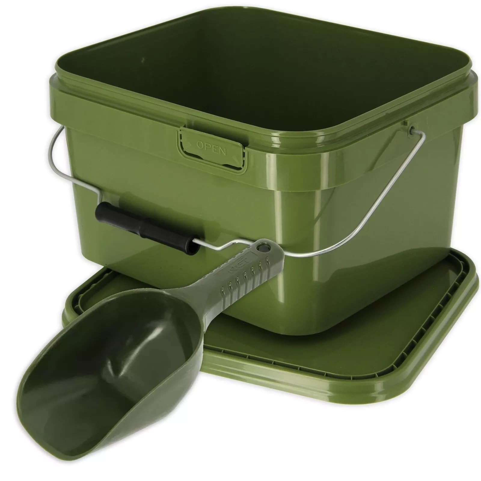 Carp Coarse Fishing 5L Square Airtight Green Bucket Small Baiting Spoon Set