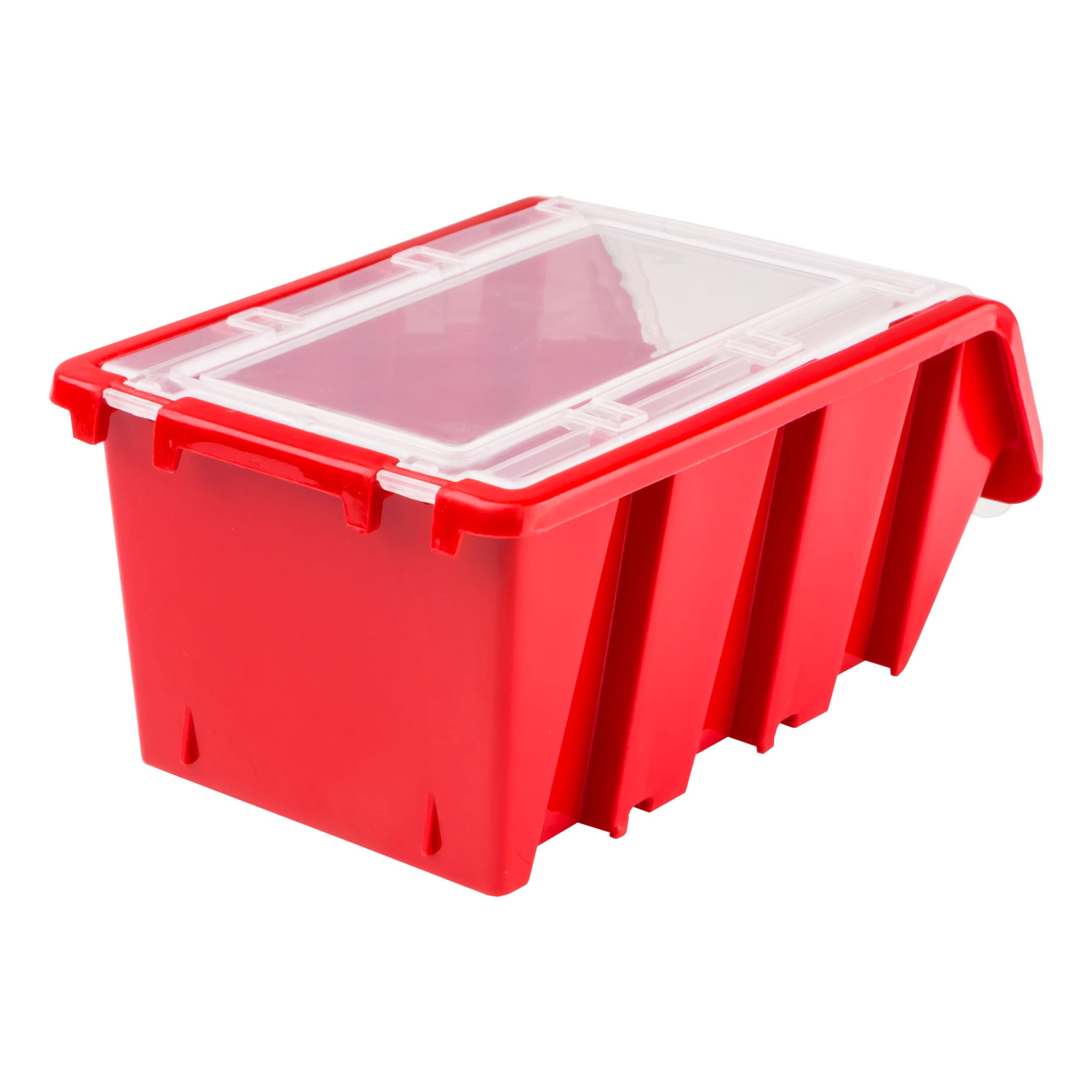 SimpleThing 100 Stück Stapelboxen mit Deckel Größe 100 x 155 x 70 mm Farbe Rot | Werkstatt Wandregal Sortierbox Stapelkiste