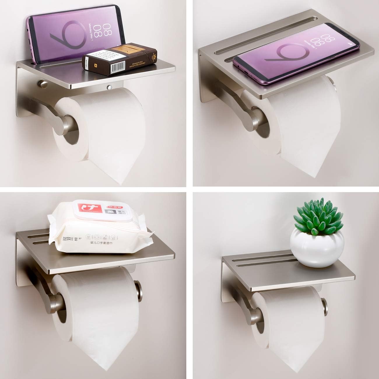 Smarthome Toilet Paper Holder with Shelf, Aluminum Tissue Roll Holder with Mobile Phone Storage Shelf for Modern Bathroom, 3M Self Adhesive No Drilling or Wall-Mounted with Screws, Brushed Nickel : Tools & Home Improvement