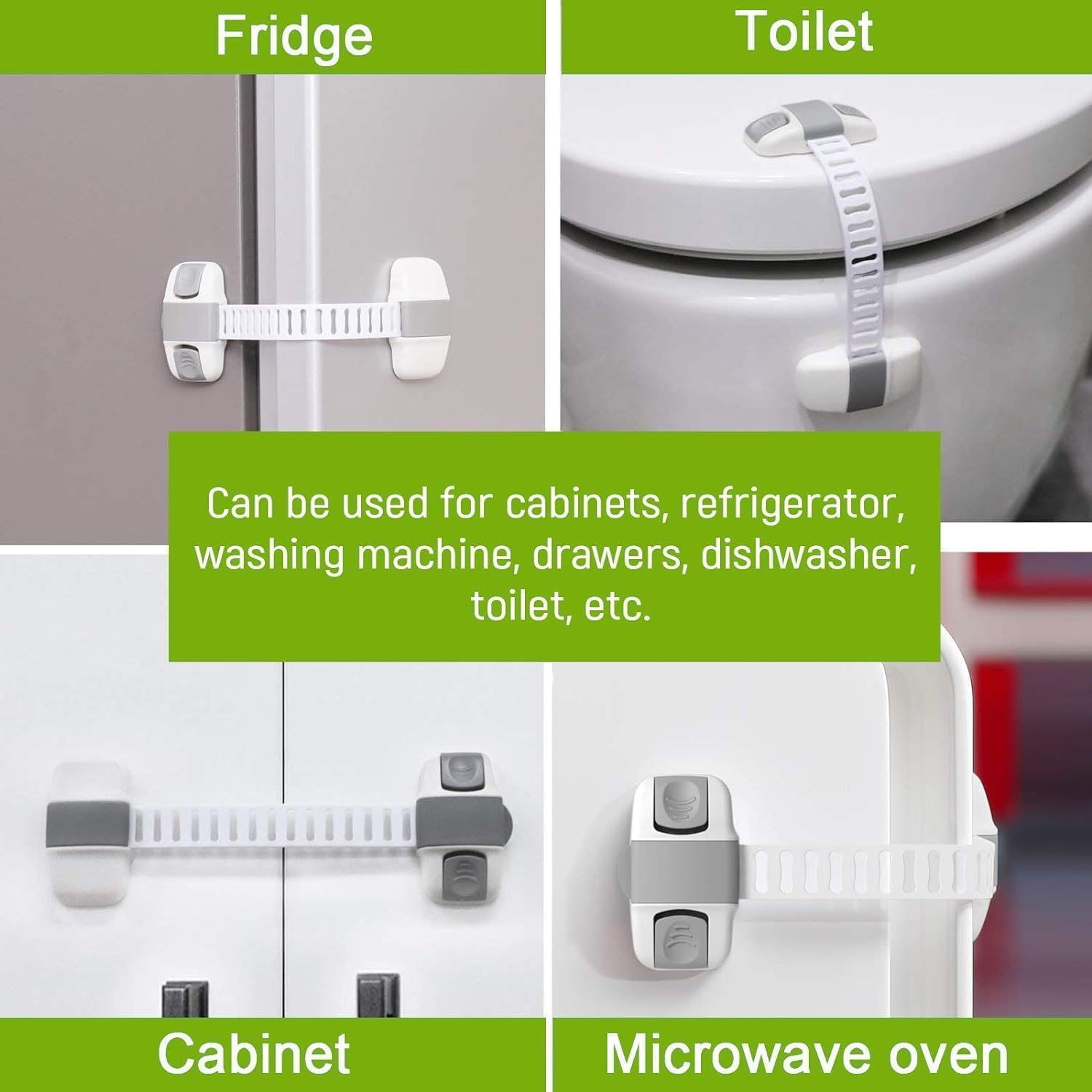 Multi-Purpose Child Safety Lock, Adjustable Length, for Cabinets, Refrigerator, Toilet, White (Pack of 12)