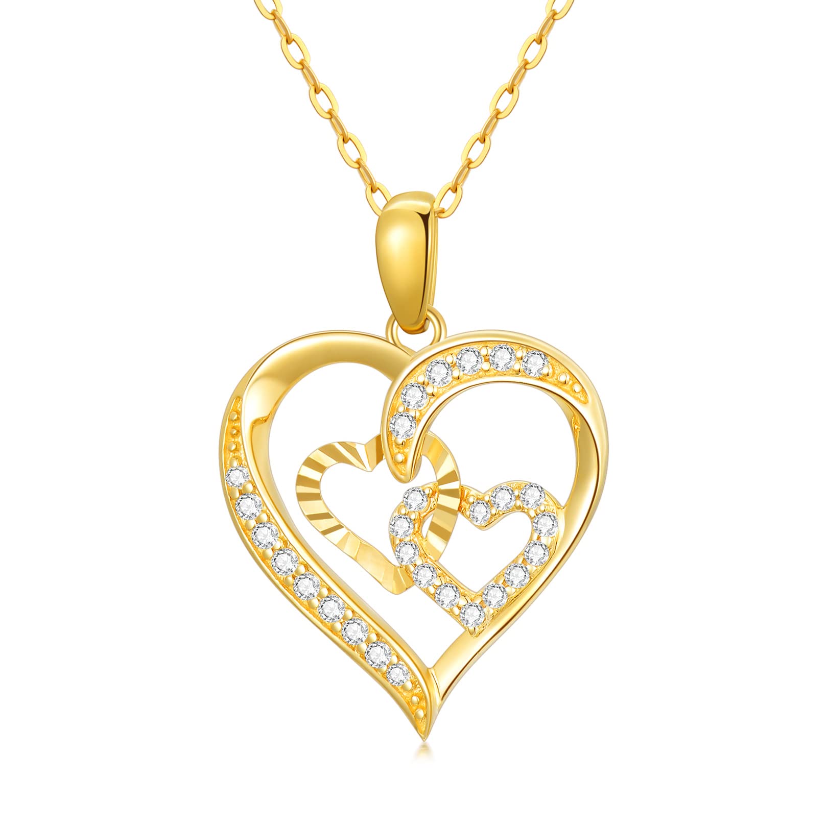 SISGEM14K Real Gold Heart Necklace for Women,Yellow Gold Love Pendant Necklace Triple Hearts Jewerly Gifts for Birthday Anniversary 16+1+1 inch