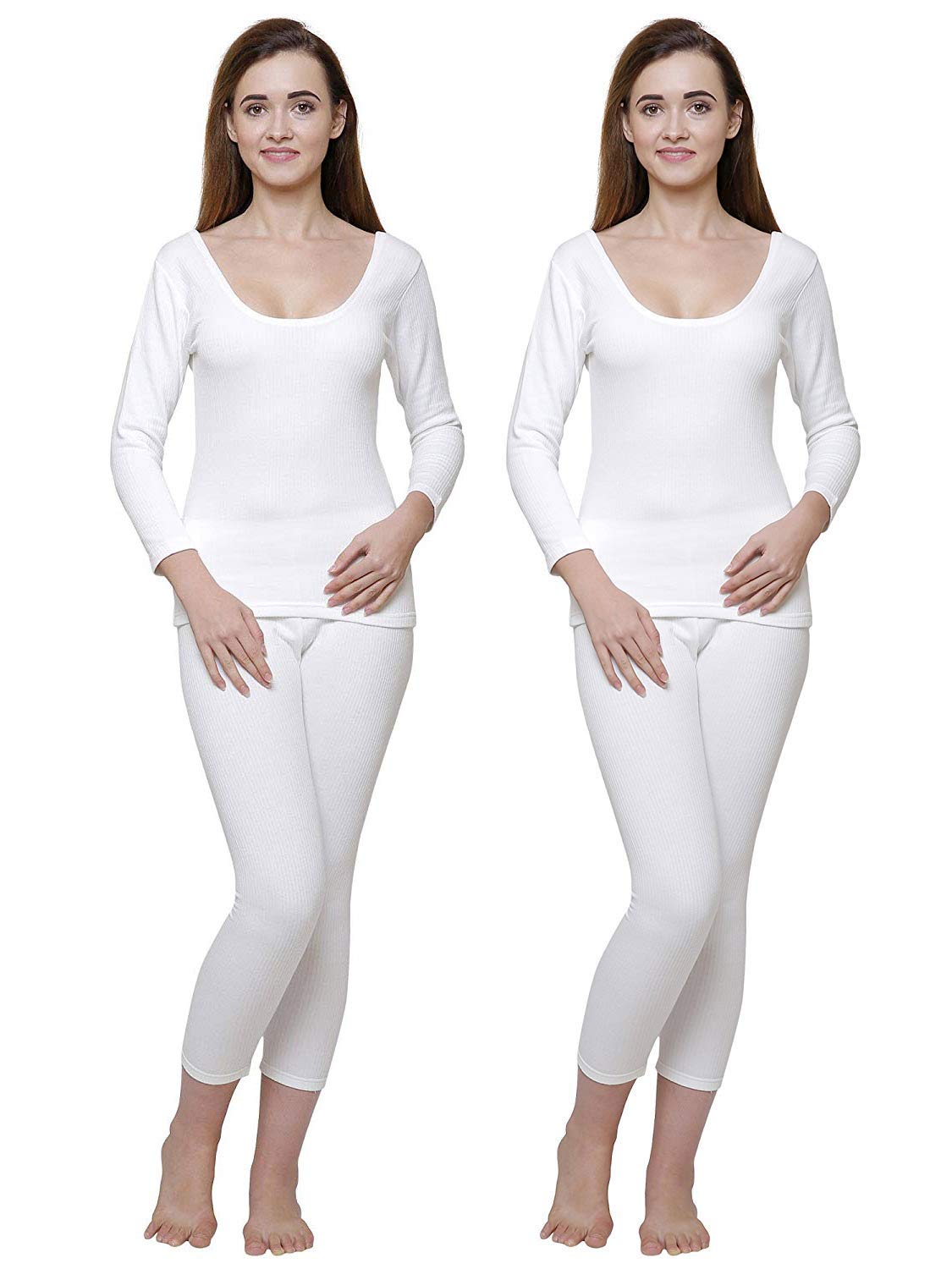 Women White Round Neck Full Sleeves Upper/Top and Lower/Trouser/Bottom Thermal Set - Pack of 2-image-21