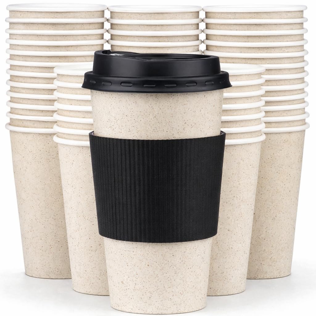 Promora 16 oz Natural Cream Disposable Coffee Cups with Lids &amp; Sleeves, Hot Coffee Cup Sleeves Disposable, Premium Insulated To Go Coffee Paper Cups with Lids &amp; Sleeves (16 oz, Pack of 100)