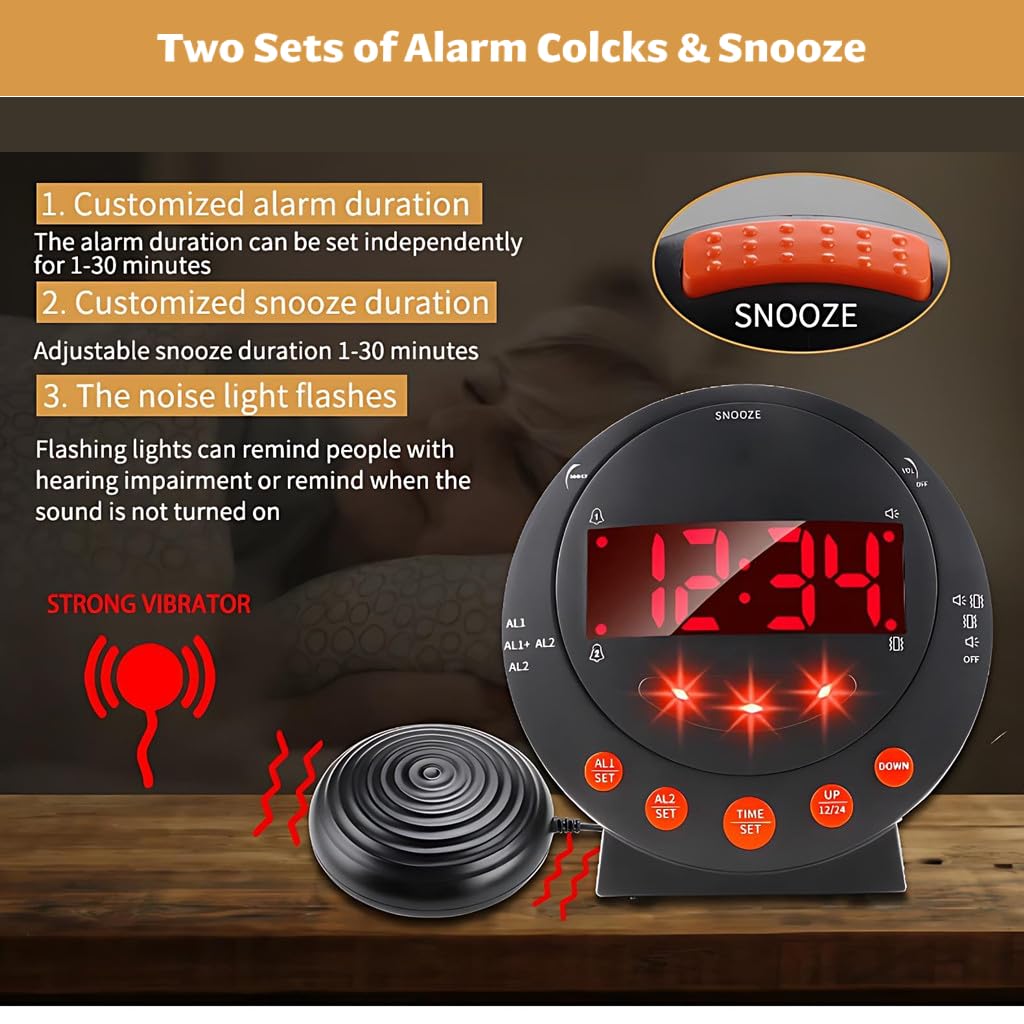 Vibrationswecker für Gehörlose, Tiefschläfer & Senioren, Batteriebetrieben Wecker mit 110 dB lautem Alarm, Vibrationsuhr, Bett-Shaker, Dimmer, Schreibtisch Schlafzimmer