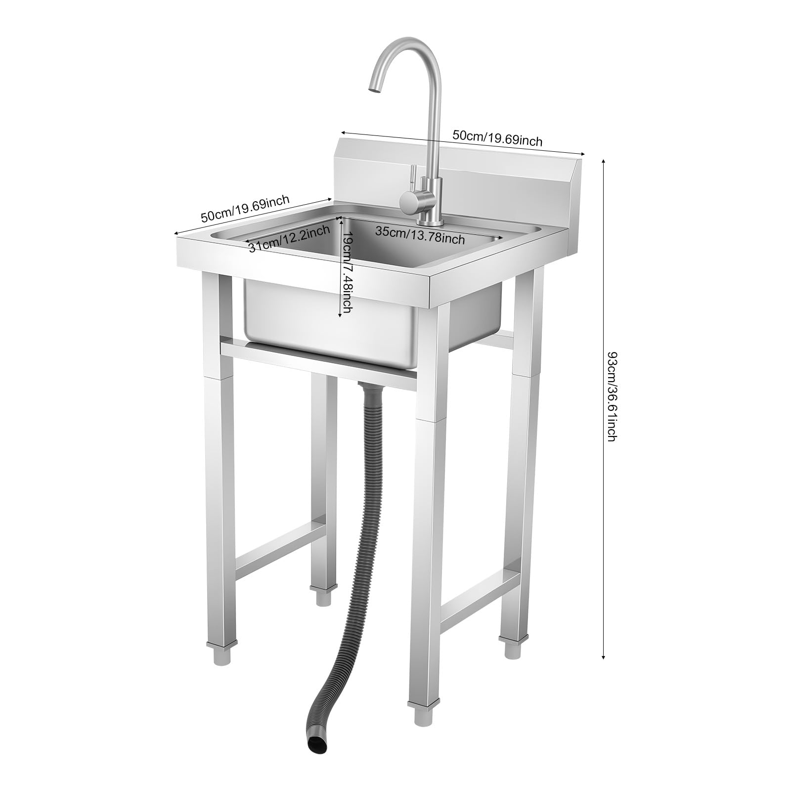 Fregadero comercial de 50 × 50 × 93 cm de acero inoxidable con 1 cuba, fregadero de cocina independiente con grifo de 360°, fregadero de pie con patas ajustables para restaurante, gastro, exterior