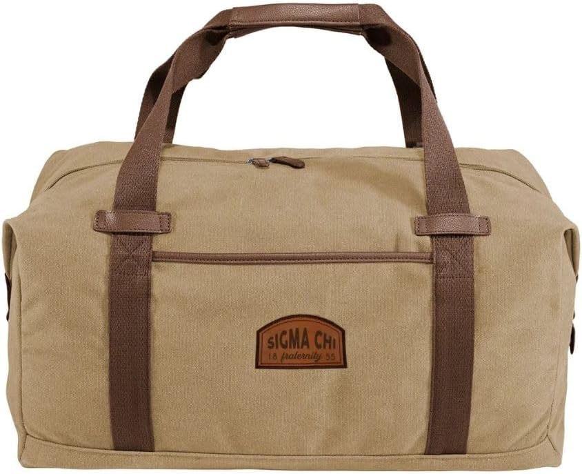 Sigma Chi Khaki Canvas Duffel With Leather Patch