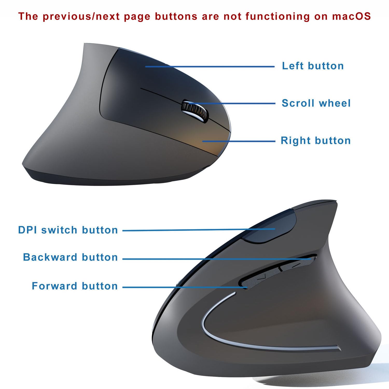 Mouse ergonomico senza fili, mouse verticale wireless USB 2.4G, DPI regolabile (800/1200/1600), clic silenziosi, 6 pulsanti per laptop, PC, Mac, desktop - nero