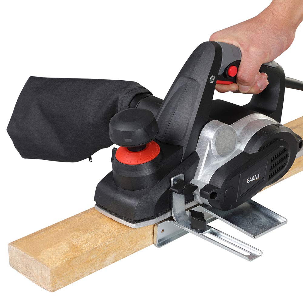 Bakaji Cepilladora eléctrica potencia 900 W lijadora cepilladora madera velocidad 16500 rpm ancho corte 82 mm profundidad ajustable 0-3 mm con aspirador integrado bolsa + guía paralelo