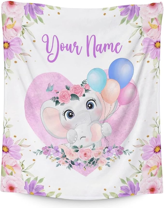 Personalized Elephant Blanket Gifts with Name - 50"x60" Cute Throw for Women Girls - Purple Soft Fuzzy Blankets for Bed, Couch & Living Room