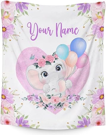 Personalized Elephant Blanket Gifts with Name - 50"x60" Cute Throw for Women Girls - Purple Soft Fuzzy Blankets for Bed, Couch & Living Room