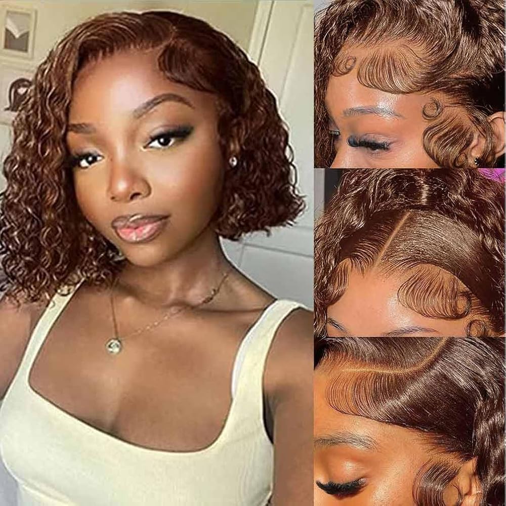 Chocolate Brown Lace Front Wigs Human Hair Pre Plucked 180 Density Brazilian Wet and Wavy Human Hair Wigs for Black Women Colored Curly 13x4 Lace Frontal Wig (Brown Color, 10 Inch)
