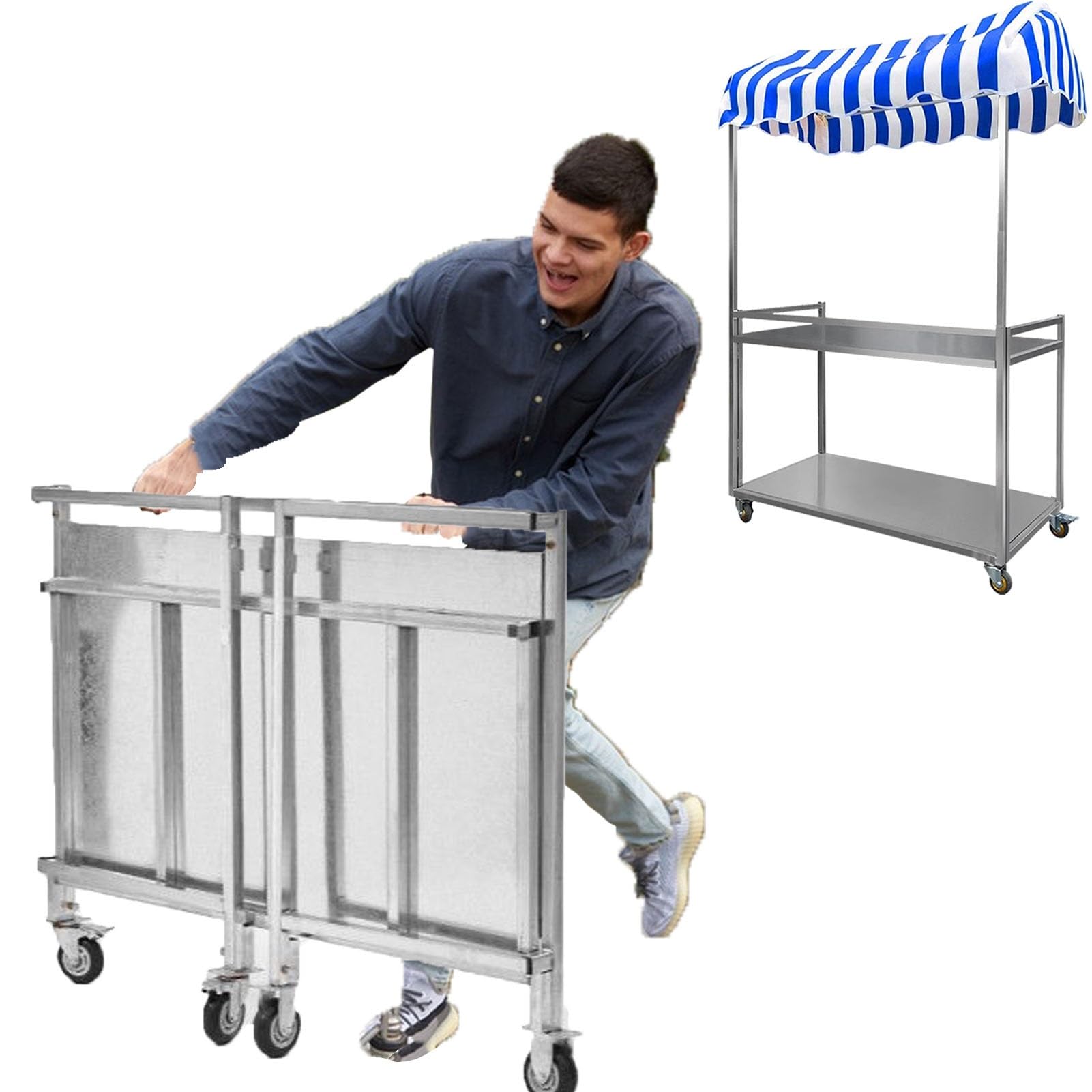 Chariot de Restauration Pliable à roulettes pour Commerce, Stand de Vente galvanisé à 2 Niveaux avec auvent, kiosque de Concession pour marché/événements en Plein air (Bleu, largeu
