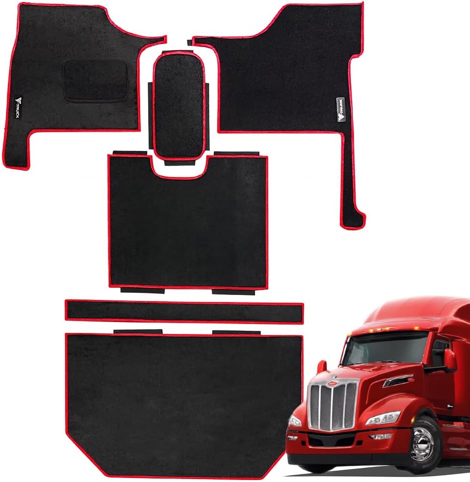 Floor Mat Set Compatible with Peterbilt 579 – Black Carpet with Red Stitching – Custom Fit, Durable, Easy to Clean – Complete Cab Protection (Black/Red)