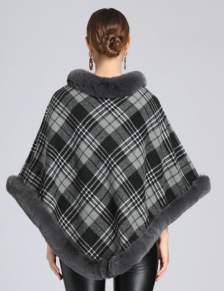 Poncho da donna mantello plaid pullover mantello spesso in pelliccia sintetica scialle avvolgente manica a pipistrello maglione invernale di lana