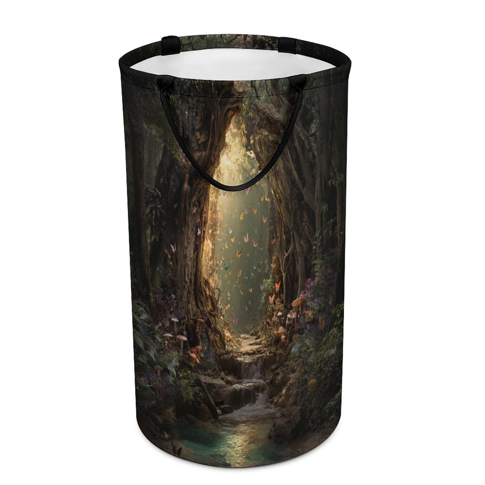 LUYYSKY Colorful Classic Enchanted Forest Versatile Storage Laundry Basket, Beautiful Rustic Fairytale Wonderland Animals Butterflies Large Capacity Bathroom Hamper With Handle