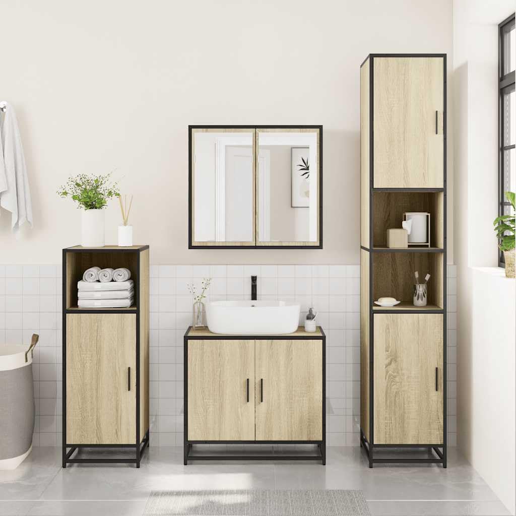 Juego de 3 piezas de baño de roble Sonoma, 65 x 60 cm, material de madera con marco de metal, diseño moderno, amplio espacio de almacenamiento, robusto y duradero, para baño, invitados